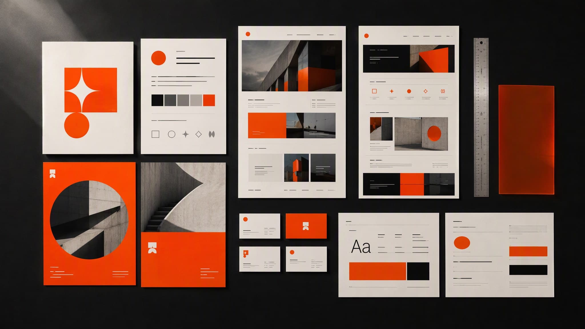 A coordinated original studio system of brand boards, website layouts and campaign material