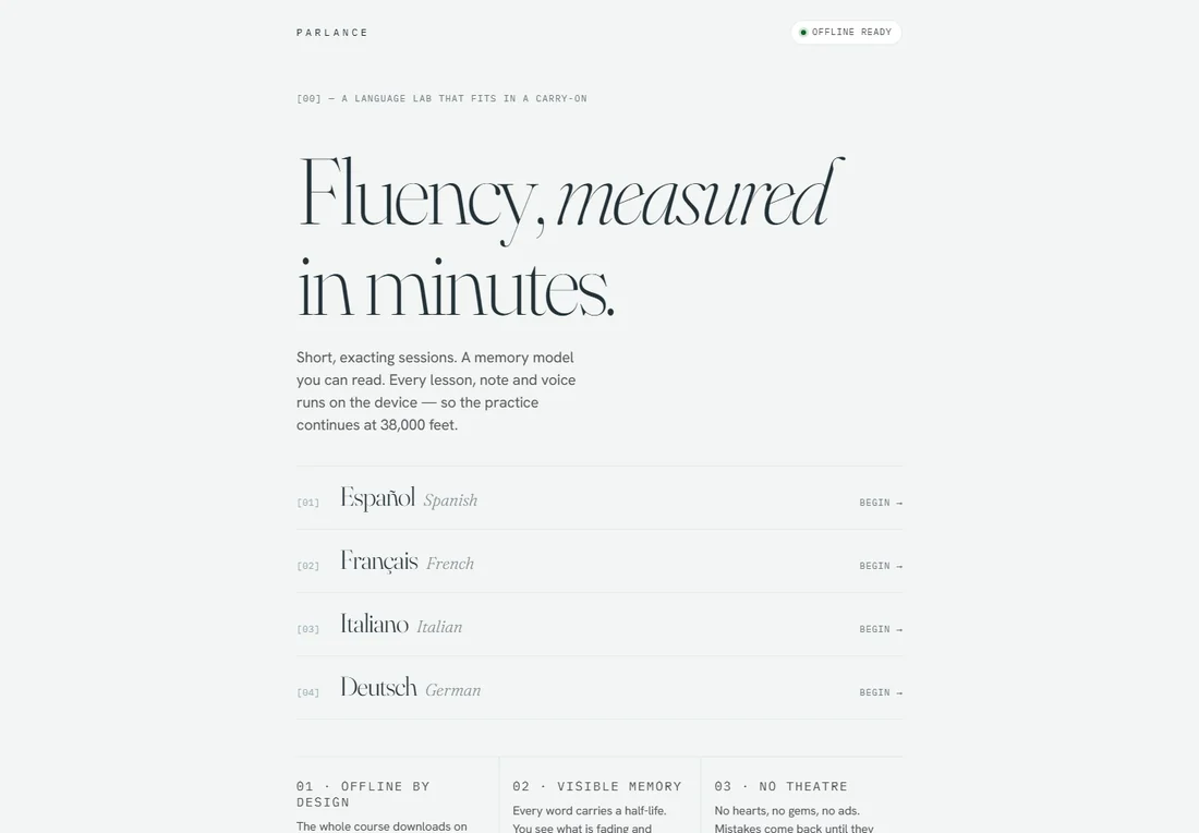 Parlance: A focused language-learning interface built around short speaking sessions and visible progress.